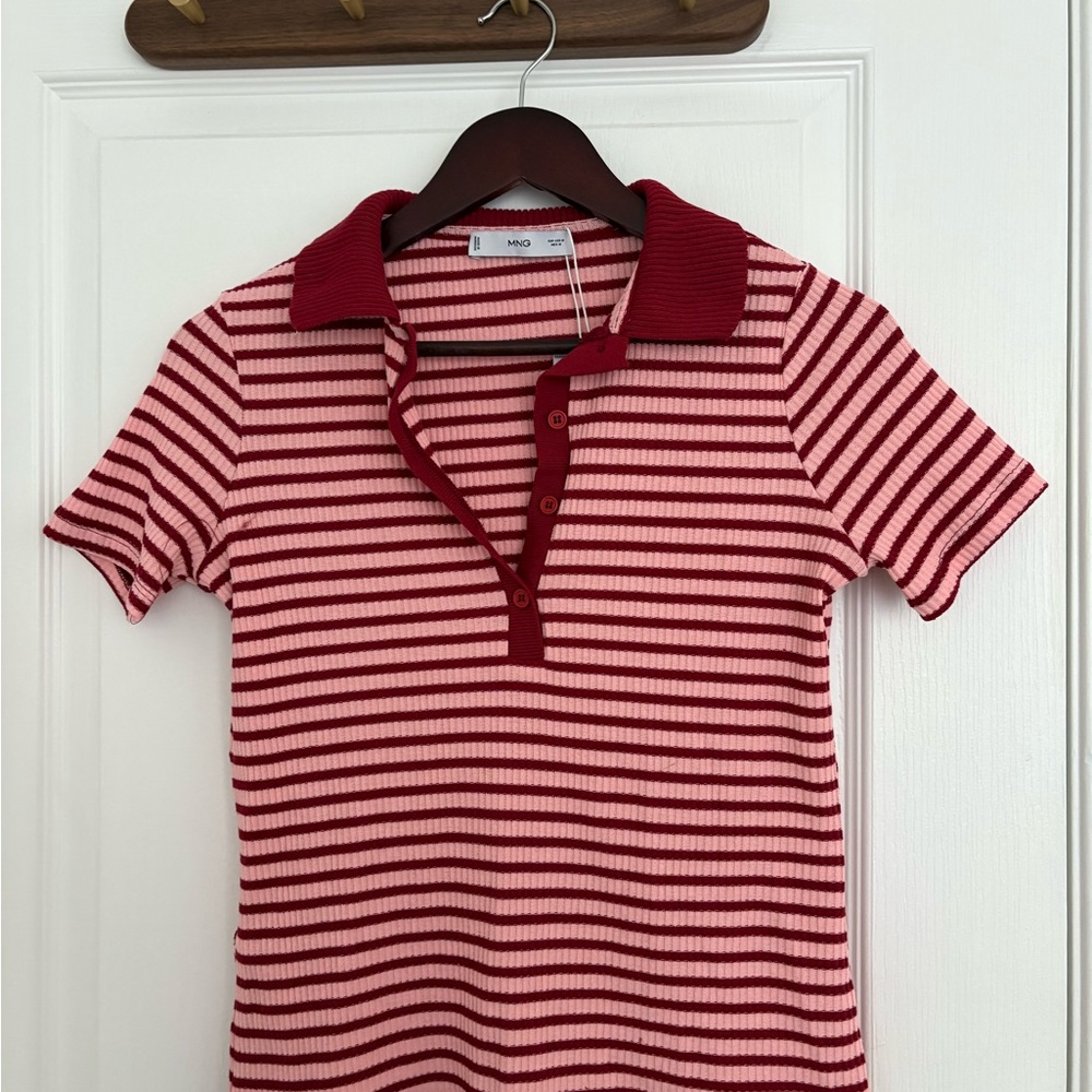 Mango Polo Shirt with Red and Pink Stripes
